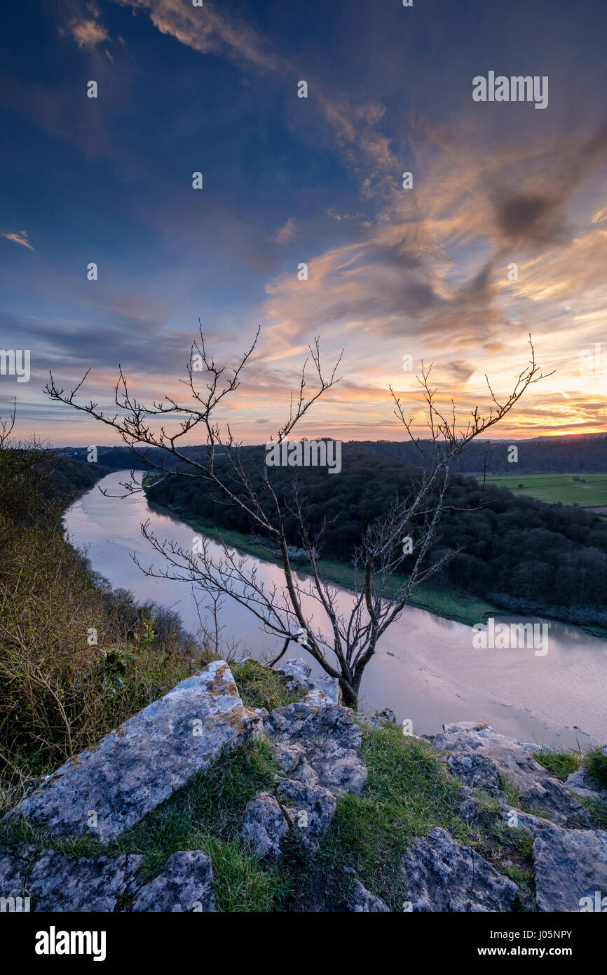 Vista su Winter's Leap,fiume Wye al tramonto nel Gloucestershire con scogliere Foto Stock