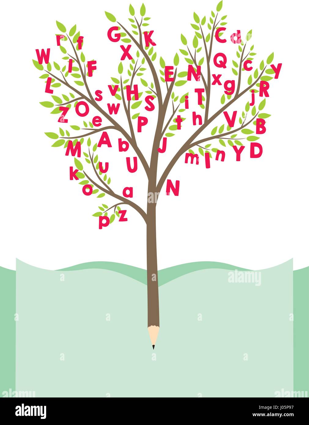 Albero con lettere dell'alfabeto. L educazione e la conoscenza del concetto. Struttura ad albero a matita con libro. Appartamento illustrazione vettoriale Illustrazione Vettoriale