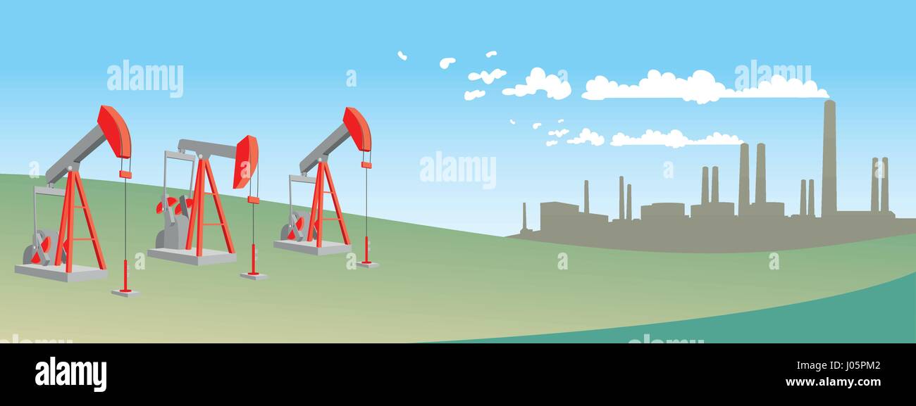 La pompa dell'olio sul campo con la raffineria. Industria petrolifera in apparecchiature. Illustrazione Vettoriale Illustrazione Vettoriale