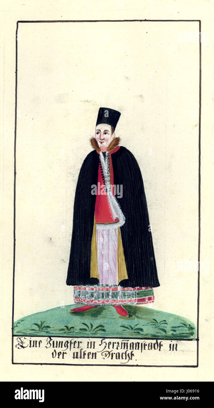 Questo dipinto della serie "Trachten-Kabinett von Siebenbürgen" raffigura un giovane in abiti tradizionali di Hermannstadt (ora Sibiu) in Transilvania. Le opere d'arte catturano il costume regionale indossato dall'uomo, riflettendo il patrimonio culturale unico della zona durante il XIX secolo. Foto Stock
