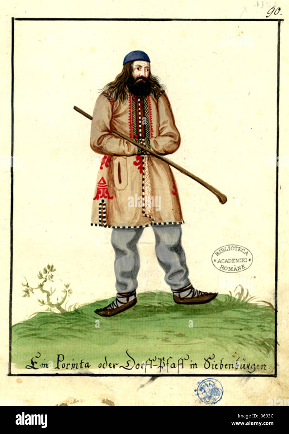 Il "Trachten-Kabinett von Siebenbürgen" è uno studio dell'abbigliamento tradizionale rumeno proveniente dalla regione della Transilvania. Questa opera d'arte illustra l'abbigliamento di un sacerdote locale, mostrando il significato culturale e storico dell'abbigliamento tradizionale nella regione. Foto Stock