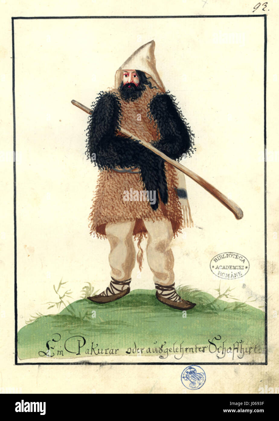 Il "Trachten-Kabinett von Siebenbürgen" si riferisce a una collezione che mostra l'abbigliamento tradizionale rumeno della Transilvania. Il pezzo specifico, 'Ein Pakurar oder aus gelehrnter Schaffhirt', presenta un abbigliamento tradizionale da pastore, che sottolinea il patrimonio culturale della regione. Foto Stock