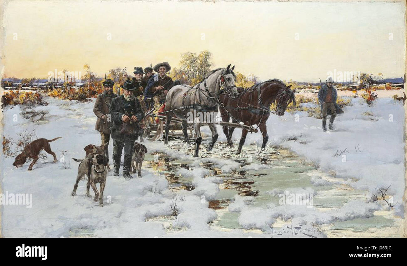"Zimní vyjížďka" (escursione invernale) di Jaroslav Vesín raffigura una scena invernale con una carrozza trainata da cavalli che attraversa un paesaggio innevato. Il dipinto cattura la tranquilla bellezza dell'inverno e l'ambiente rurale ceco. Foto Stock