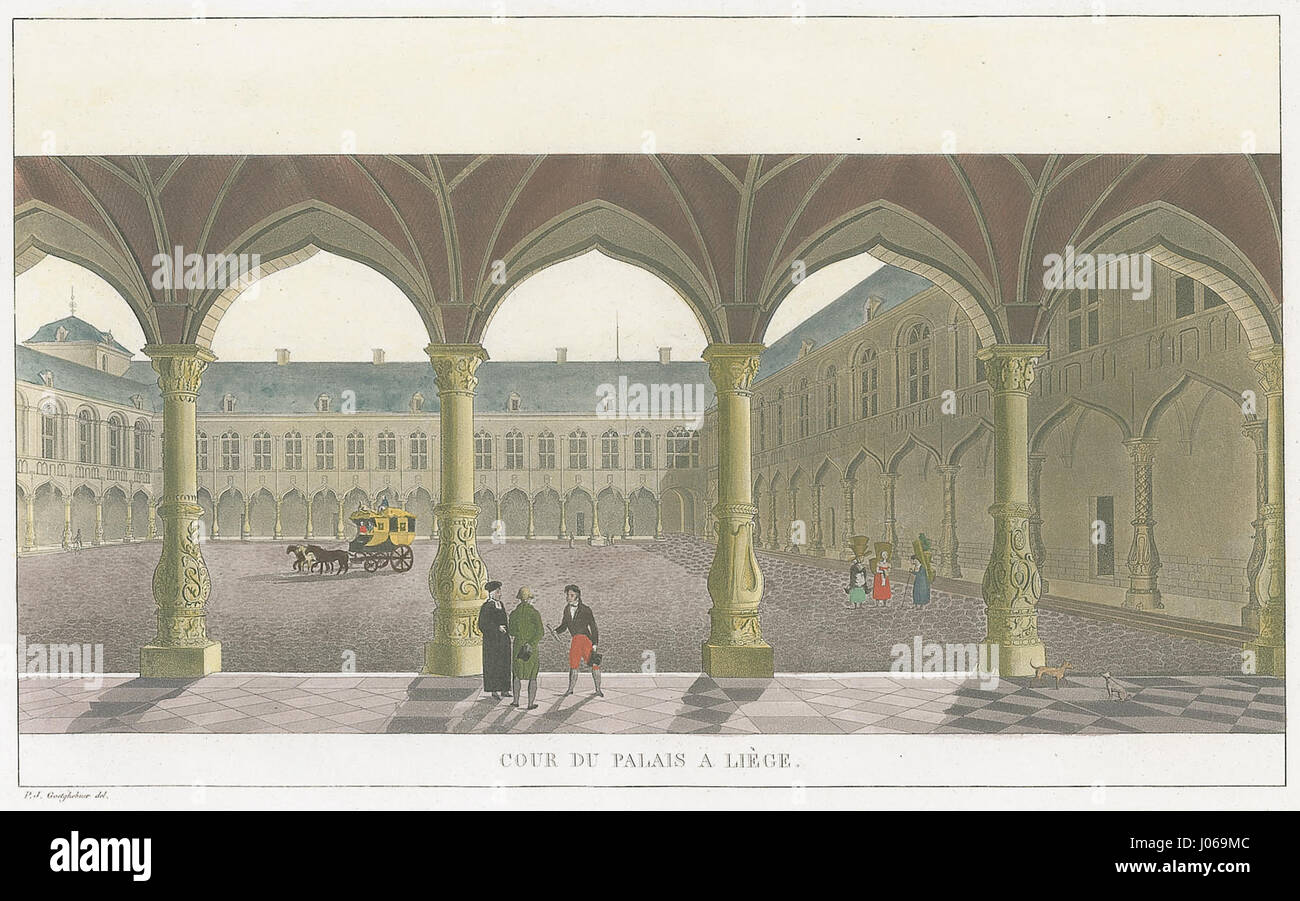 Questo sito storico, noto come Cour-du-palais, si riferisce al cortile di un palazzo, probabilmente significativo nel contesto della storia reale europea. Foto Stock