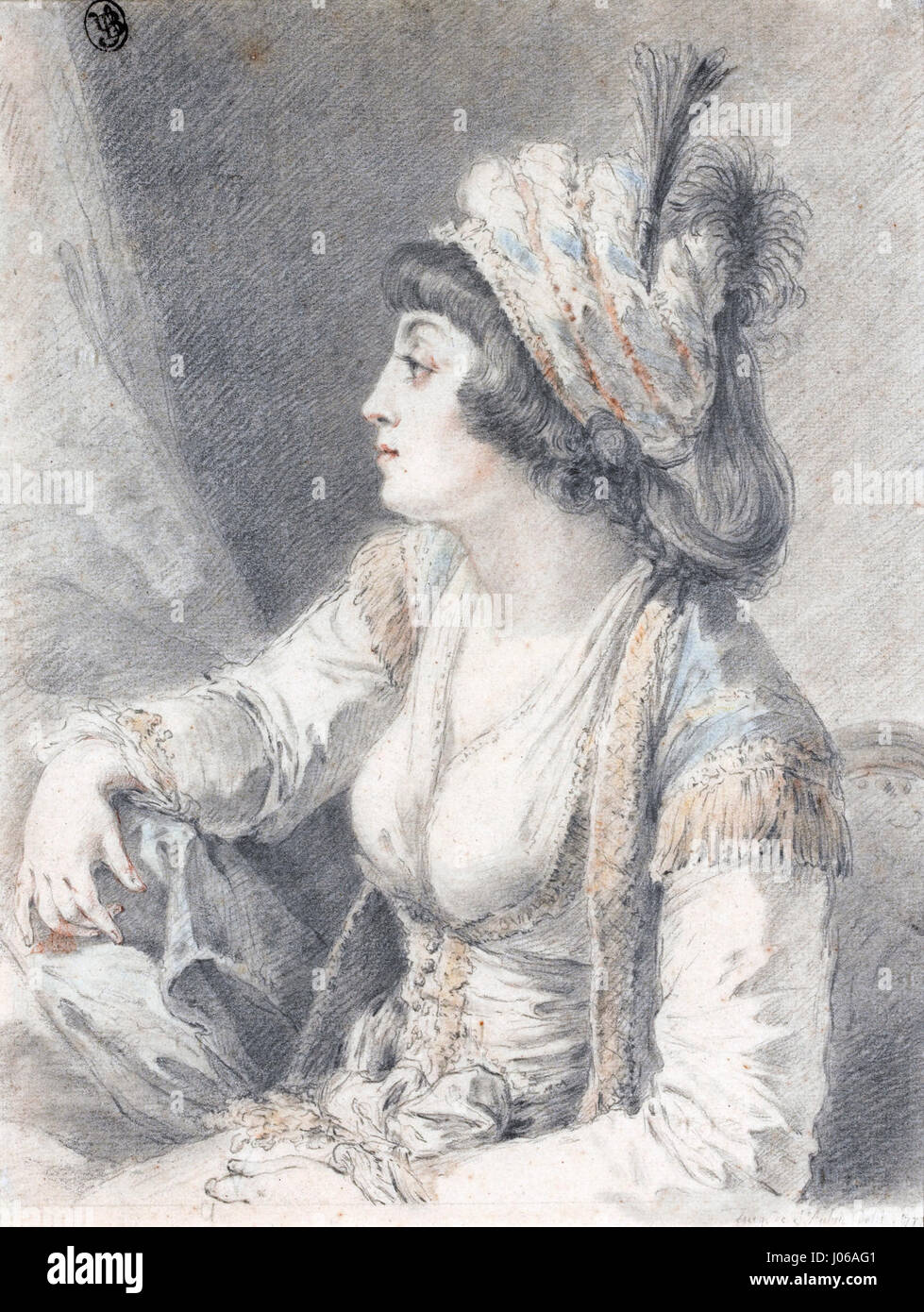 "Validé ou la Sultane Mère" di Augustin de Saint-Aubin raffigura una scena reale, concentrandosi su un sultano o una nobildonna. L'incisione cattura l'eleganza e la raffinatezza del soggetto, evidenziando i dettagli intricati del suo abbigliamento e dell'ambientazione. Foto Stock