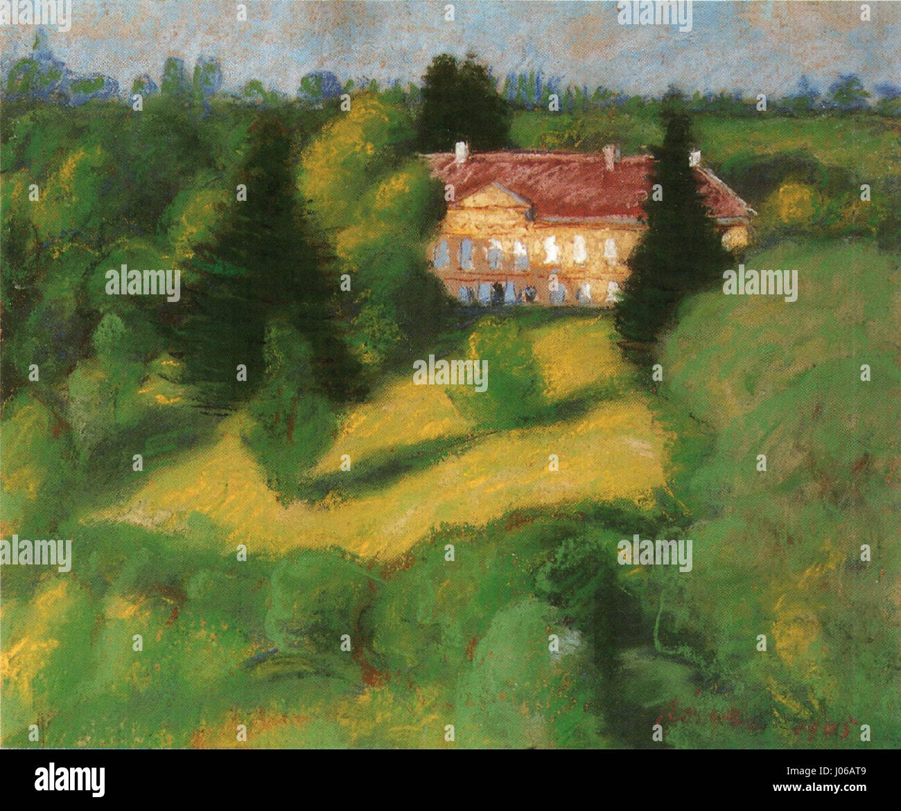 Un'opera d'arte del 1905 intitolata "The Bogt Mansion and Park" di Rippl, che probabilmente raffigura l'architettura e i dintorni naturali della villa in un parco. Il pezzo cattura la serenità e la bellezza dei paesaggi dei primi anni del XX secolo con un'attenzione particolare sia all'ambiente costruito che alla natura. Foto Stock