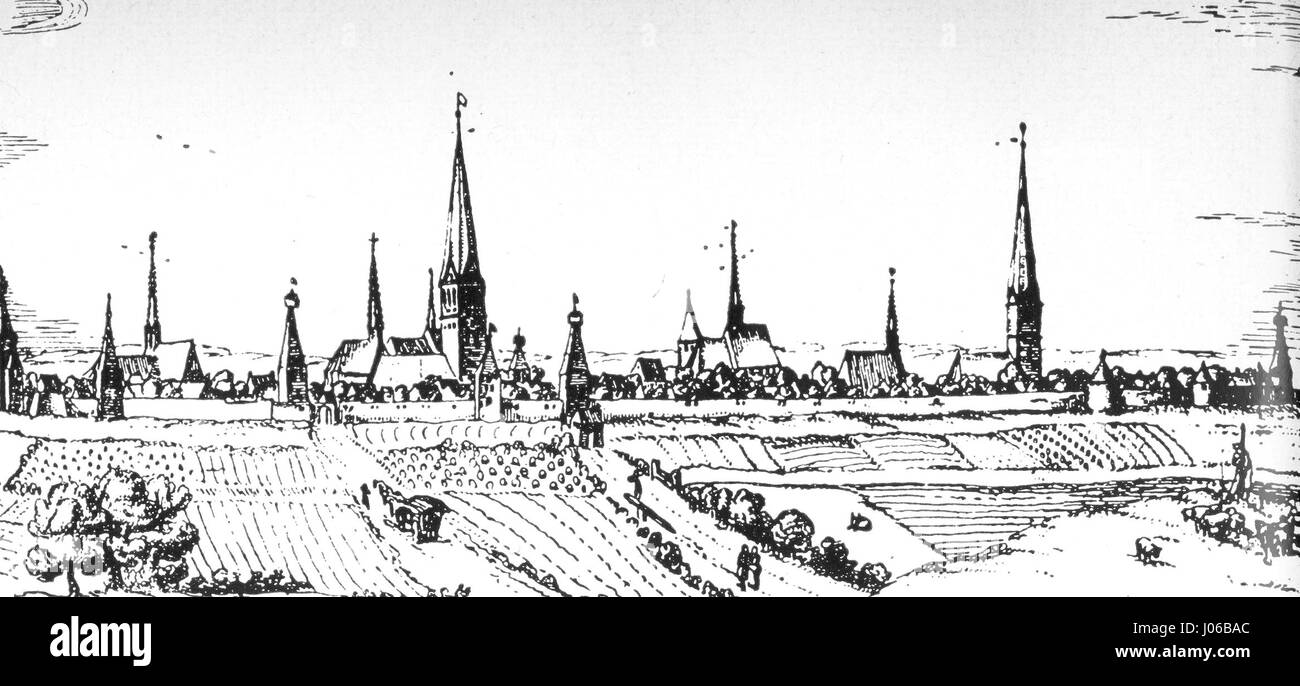Questa incisione del 1596 raffigura una scena storica di Dortmund, offrendo uno sguardo sull'architettura e la disposizione urbana della città alla fine del XVI secolo. Mostra le caratteristiche chiave delle infrastrutture della città e del significato culturale in quel momento. Foto Stock