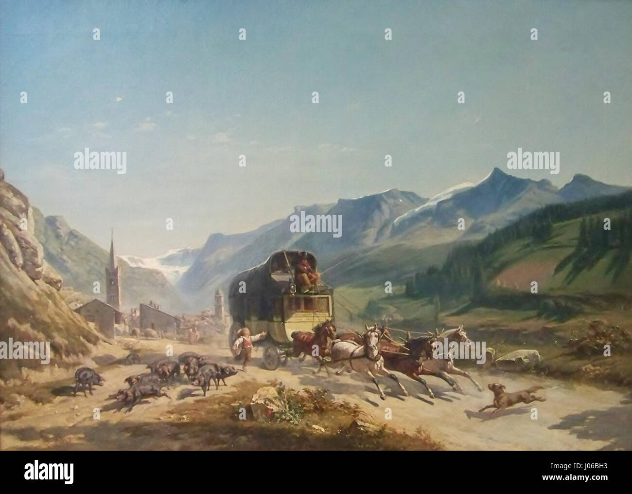 "La diligence" (la diligenza) a Lanslebourg, dipinta nel 1857, cattura un momento nella storia dei trasporti del XIX secolo, con un pullman trainato da cavalli sullo sfondo delle Alpi, che mette in risalto la bellezza naturale della regione. Foto Stock