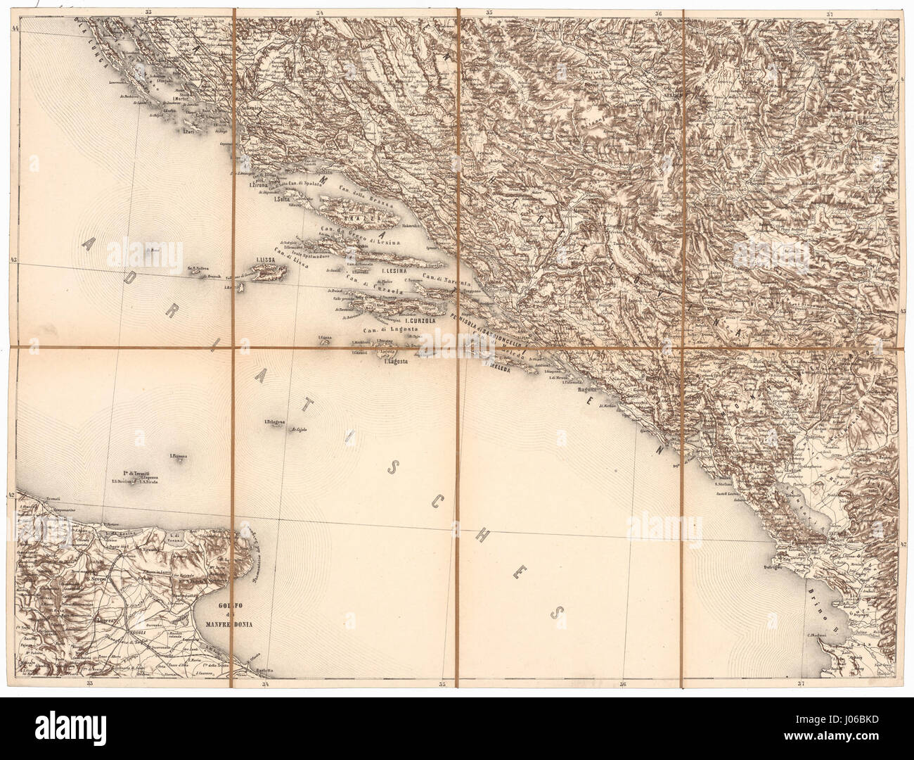 Una mappa storica che mostra la Dalmazia meridionale, Sarajevo e Skutari, evidenziando le caratteristiche geografiche chiave della regione nel contesto dei territori europei e turchi durante il XIX secolo. Foto Stock