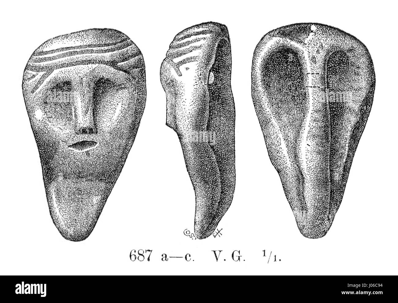 "Bärnstensansikte fr Alvared" di Västergötland, catturato a Montelius Minnen (1917), raffigura un'antica faccia color ambra, parte del patrimonio culturale svedese. Mostra i reperti archeologici della regione. Foto Stock