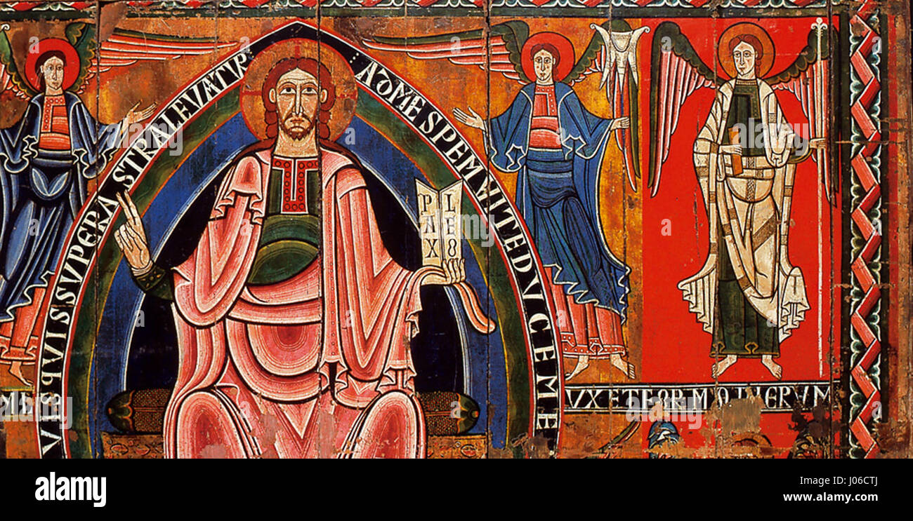 Il "Baldaquín de Ribes", esposto al Museu Episcopal de Vic, è un notevole esempio di arte religiosa spagnola medievale. L'opera d'arte, un baldacchino d'altare, mette in mostra intricati disegni e artigianato tipici della tradizione religiosa spagnola del XII secolo. Foto Stock