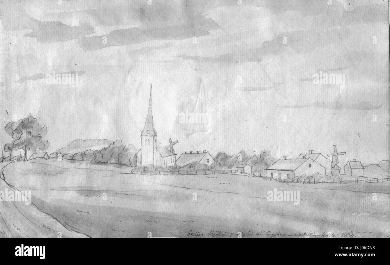 Questo titolo si riferisce a una chiesa religiosa, alla casa di un sacerdote, e alla Tingshus (corte) insieme a Kinnekulle, una collina in Svezia. La descrizione suggerisce che si tratta di un riferimento storico o architettonico nel paesaggio svedese. Foto Stock