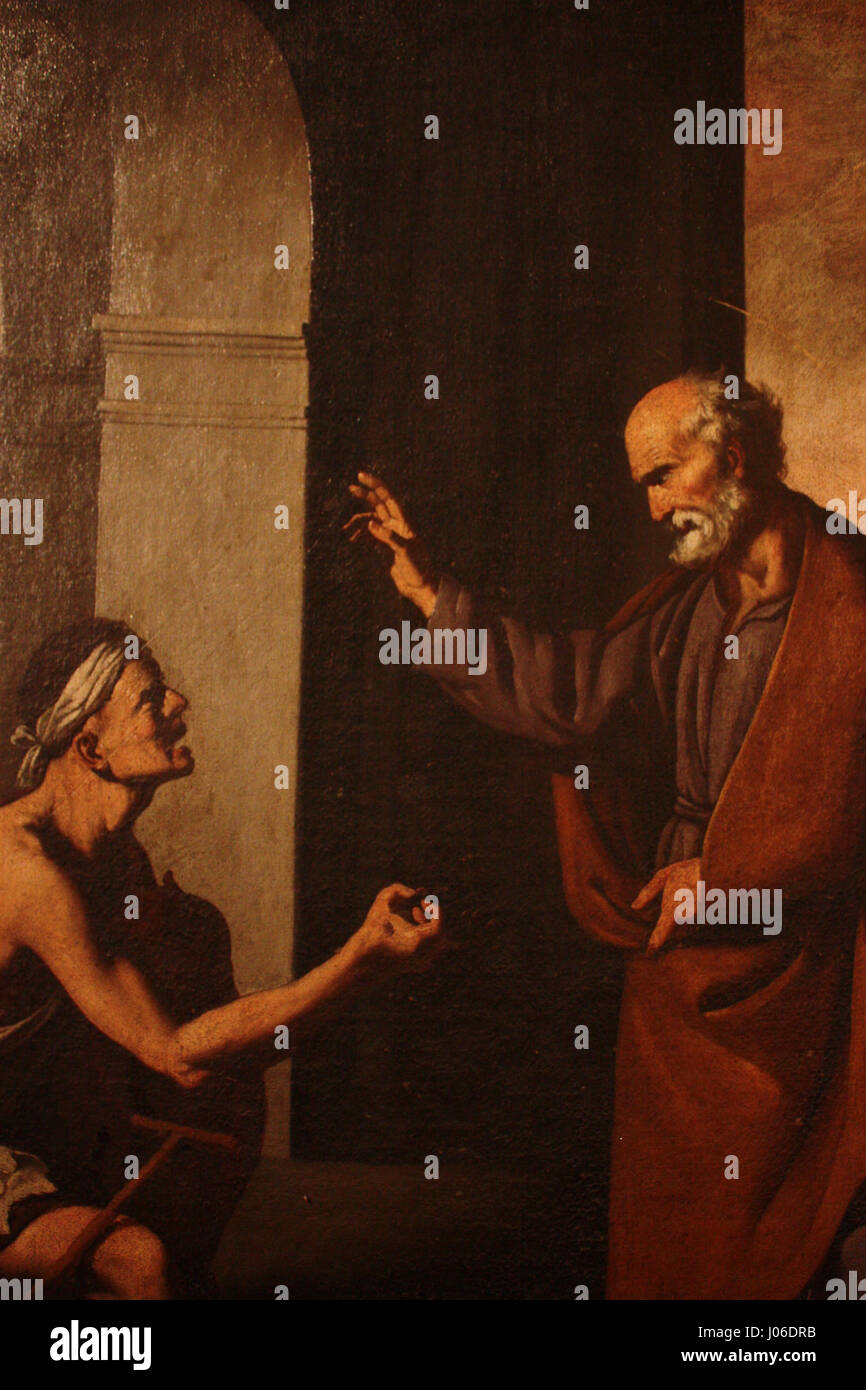 *San Pedro curando al paralítico* (San Pietro guarisce il paralitico) è un retabro della cappella di San Pedro nella Cattedrale di Siviglia, raffigurante la scena biblica di San Pietro guarisce un uomo. Il dipinto riflette l'arte religiosa barocca, concentrandosi su eventi miracolosi. Foto Stock