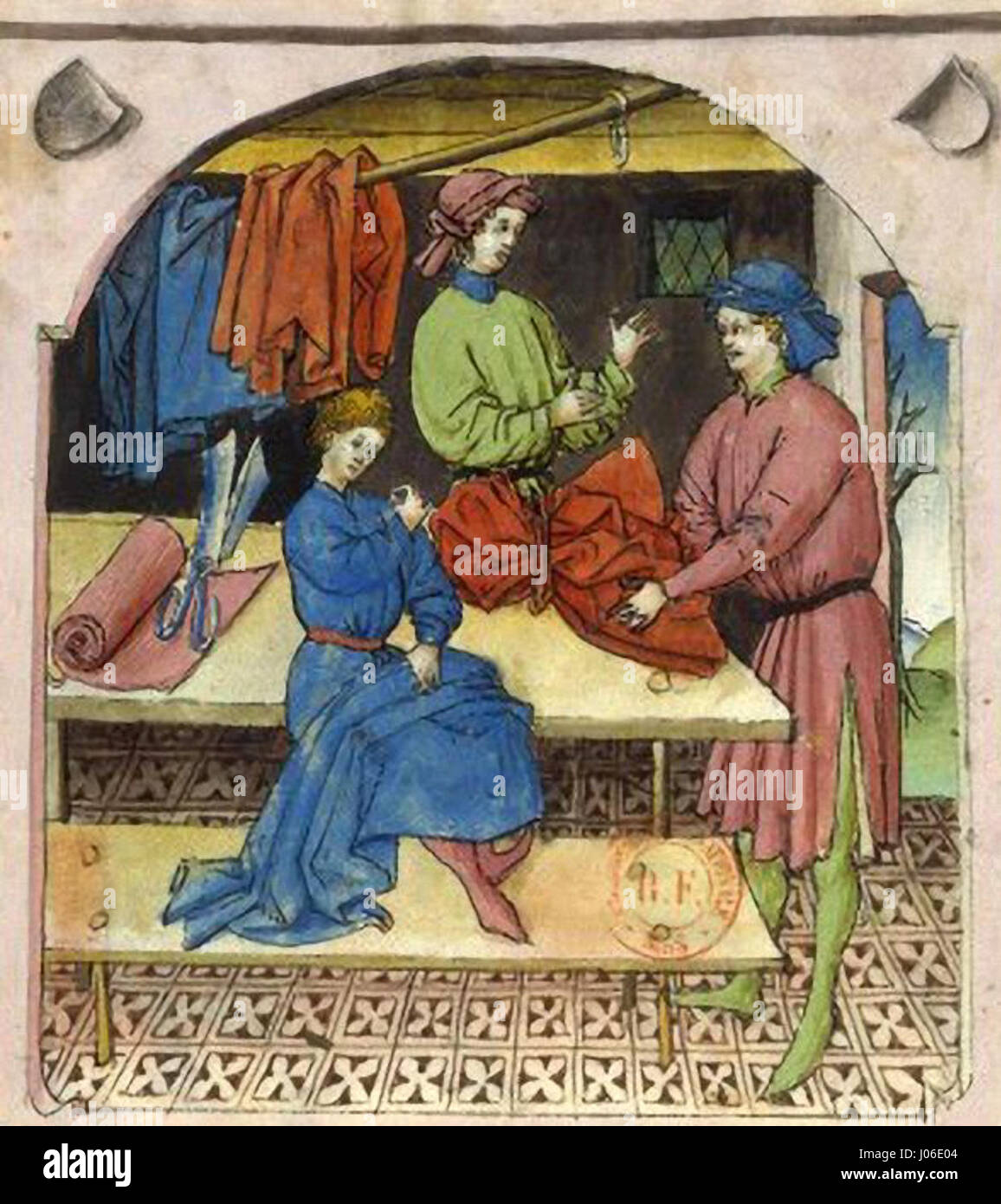 "Marchand de vêtements de soie" ritrae un mercante di abiti di seta, catturando la moda e il commercio del tempo. L'opera d'arte mette in evidenza i dettagli del settore tessile e il significato culturale del commercio della seta nelle economie storiche europee. Foto Stock