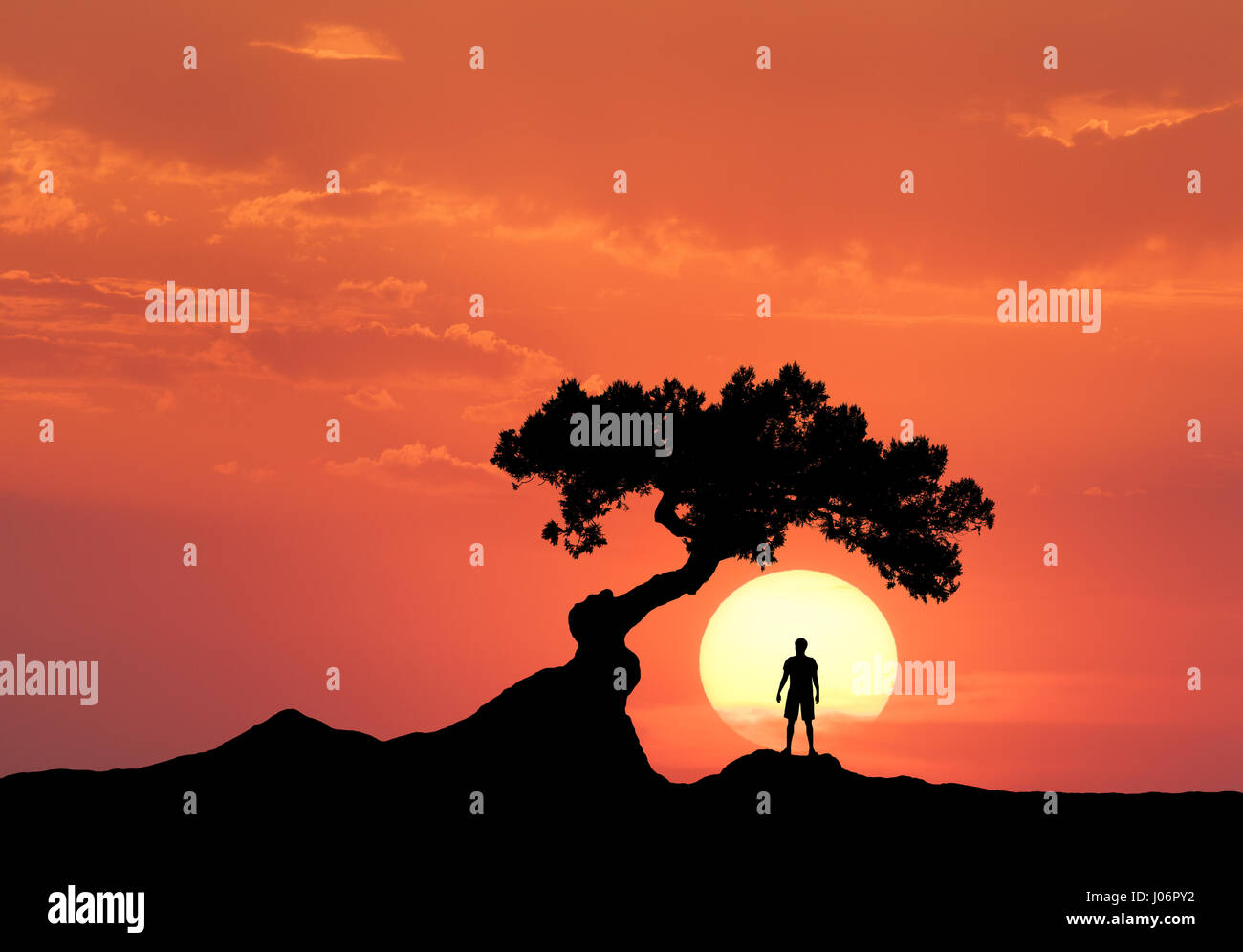 L'uomo sotto l'albero storto sullo sfondo di sun. Silhouette di una permanente uomo sportivo sulla montagna e colorato orange sky con le nuvole al tramonto Foto Stock