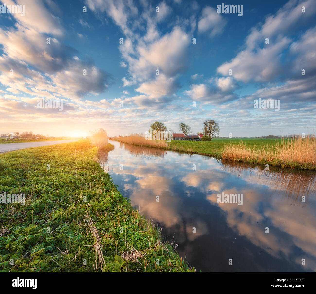Colorato il cielo blu con nuvole riflettono in acqua, case vicino al canal, alberi, erba verde e giallo canne al tramonto nei Paesi Bassi. Incredibile colorfu Foto Stock