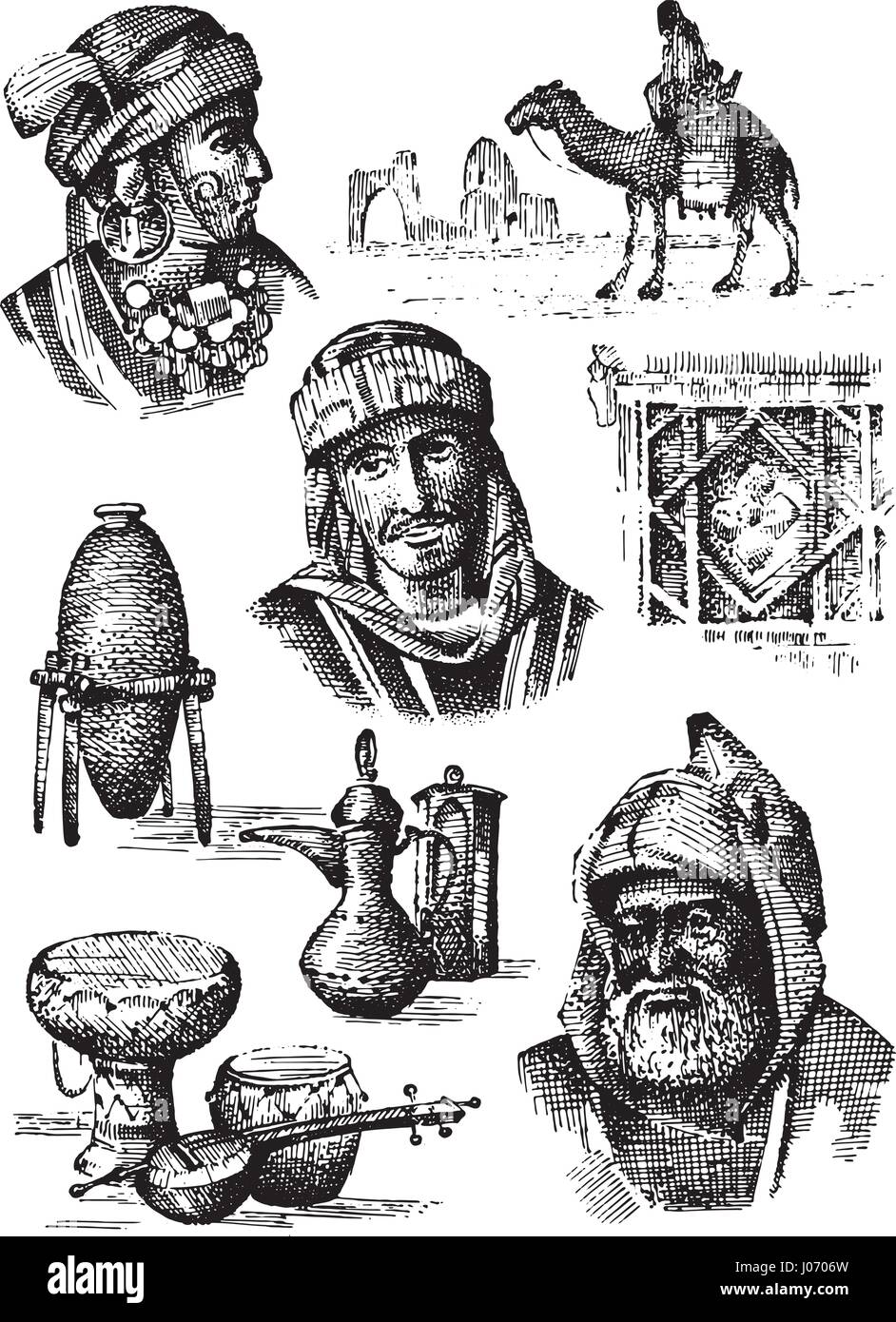Orientare la raccolta, MEDIO ORIENTE - disegnata a mano serie di vasi, piatti e cammello arabo uomini e donne volti, egraved illustrazione Illustrazione Vettoriale