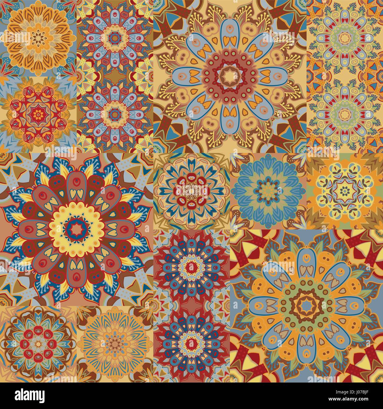 Boho tile set e seamless pattern. Patchwork marrone per la stampa di tessuti, carta da parati, tessile alla moda. Square gli elementi di design. Insolito fregio floreale vettore mandala orientali sfondo Illustrazione Vettoriale