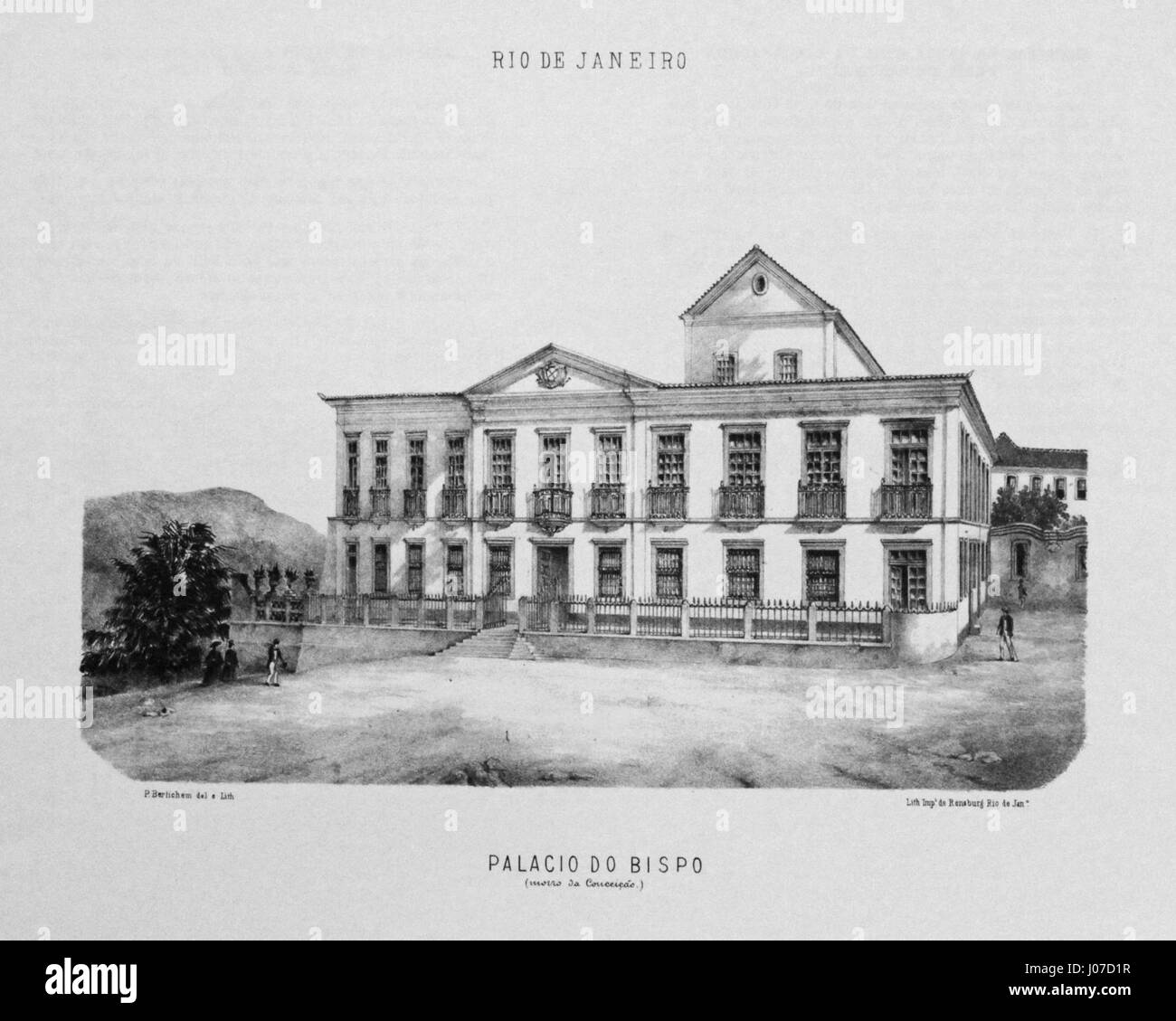 "Palácio do Bispo" a Bertichem, 1856, raffigura un palazzo storico con dettagli architettonici. Il dipinto enfatizza la grandezza e lo stile degli edifici del XIX secolo, tipici dei palazzi europei di quell'epoca. Foto Stock