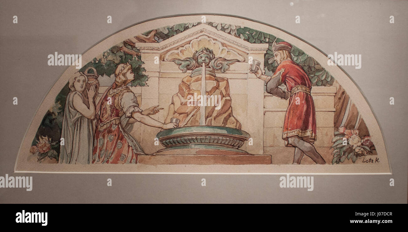 Lo schema di affreschi di Károly Lotz mostra la sua maestria nella pittura ad affresco di ispirazione rinascimentale. Noto per i suoi temi allegorici e storici, il lavoro di Lotz spesso presenta figure dettagliate e composizioni dinamiche, aggiungendo profondità e movimento agli spazi architettonici. I suoi affreschi mescolano influenze classiche e moderne in uno stile armonioso. Foto Stock