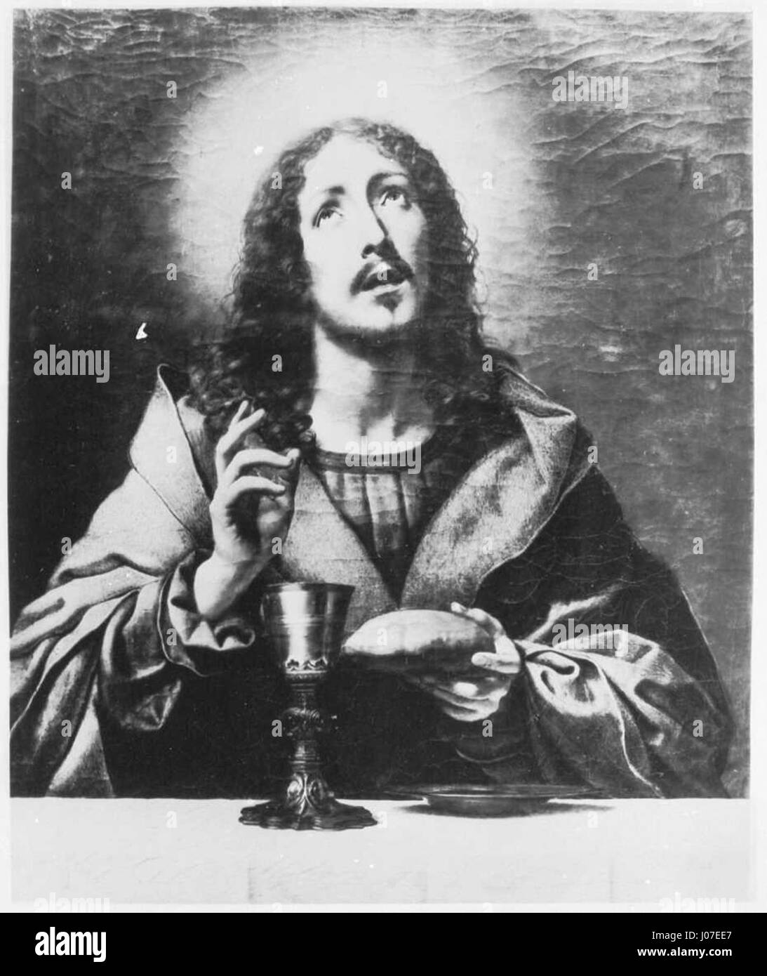 Cristo che benedice il pane e il vino, un dipinto di Carlo Dolci, un artista italiano, circa il 1670, che raffigura Cristo mentre benedice il pane e il vino. Foto Stock
