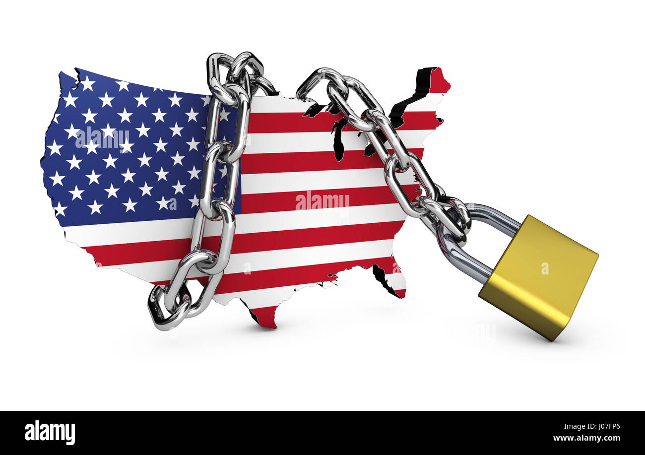 Nazionale USA il concetto di sicurezza con noi bandiera icona mappa bloccata con una catena e un lucchetto 3D'illustrazione su sfondo bianco. Foto Stock