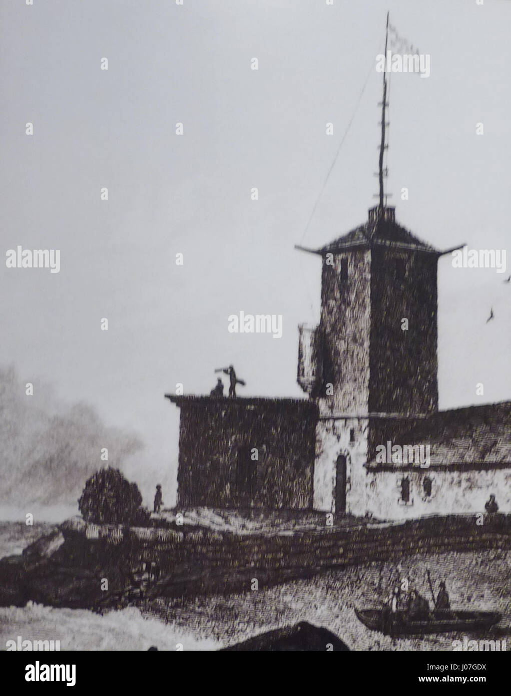 L'antico faro di Eckmühl, raffigurato in un'incisione dell'inizio del XIX secolo. Il faro, situato sulla costa della Bretagna in Francia, è un'iconica struttura marittima. Foto Stock