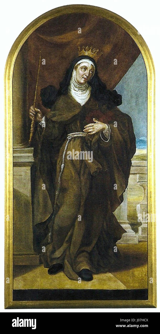 Il dipinto di José Teófilo de Jesus "Santa Rita" ritrae il santo cattolico, Santa Rita di Cascia. Nota per la sua vita di preghiera e sofferenza, il dipinto cattura la sua pietà e devozione, con elementi simbolici che fanno riferimento ai suoi miracoli e al suo significato religioso. Foto Stock