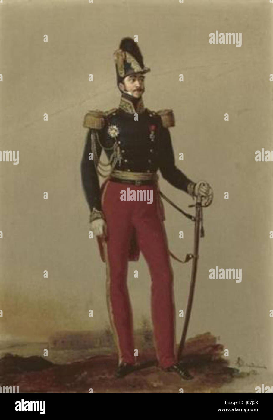 Il ritratto di Alexandre-Jean Dubois-Drahonet di Général Gaspard Gourgaud, un capo militare francese, cattura il suo status di figura di spicco nell'Impero napoleonico. Il dipinto riflette l'autorità di Gourgaud, l'abbigliamento militare e la presenza regale. Foto Stock