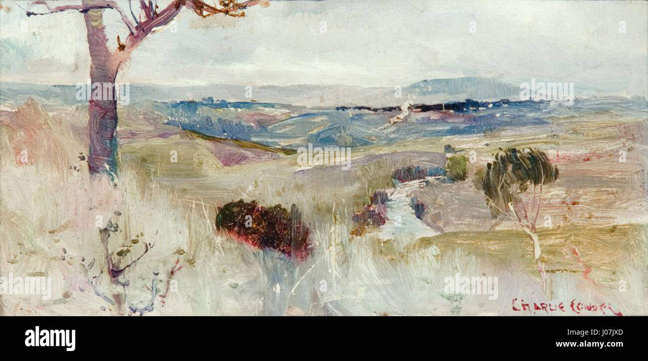 Il "Dandenong from Heidelberg" di Charles Conder (c.1889) è un pannello di legno ad olio di 11,5 x 23,5 cm. Il dipinto raffigura le Dandenong Ranges viste da Heidelberg, Melbourne, che mostra lo stile impressionista di Conder e la sua capacità di catturare la luce e l'atmosfera uniche del paesaggio australiano. Foto Stock Il "Dandenong from Heidelberg" di Charles Conder (c.1889) è un pannello di legno ad olio di 11,5 x 23,5 cm. Il dipinto raffigura le Dandenong Ranges viste da Heidelberg, Melbourne, che mostra lo stile impressionista di Conder e la sua capacità di catturare la luce e l'atmosfera uniche del paesaggio australiano. Foto Stock