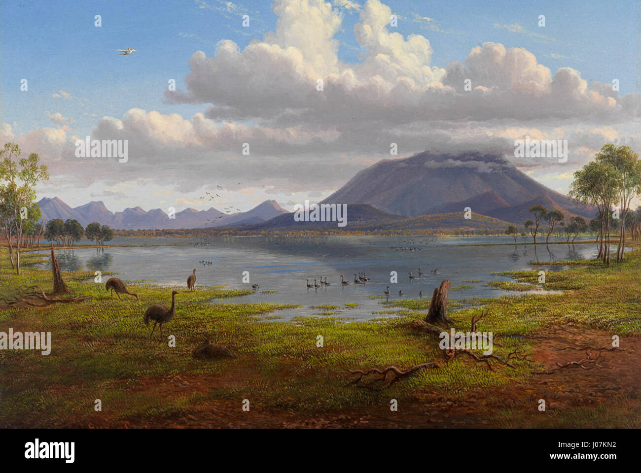 Il dipinto del 1865 di Eugene von Guérard, "Monte William e parte dei Grampiani nel Victoria occidentale", presenta una vista mozzafiato del paesaggio australiano, che mostra l'aspra bellezza della catena montuosa dei Grampians nel Victoria. Foto Stock