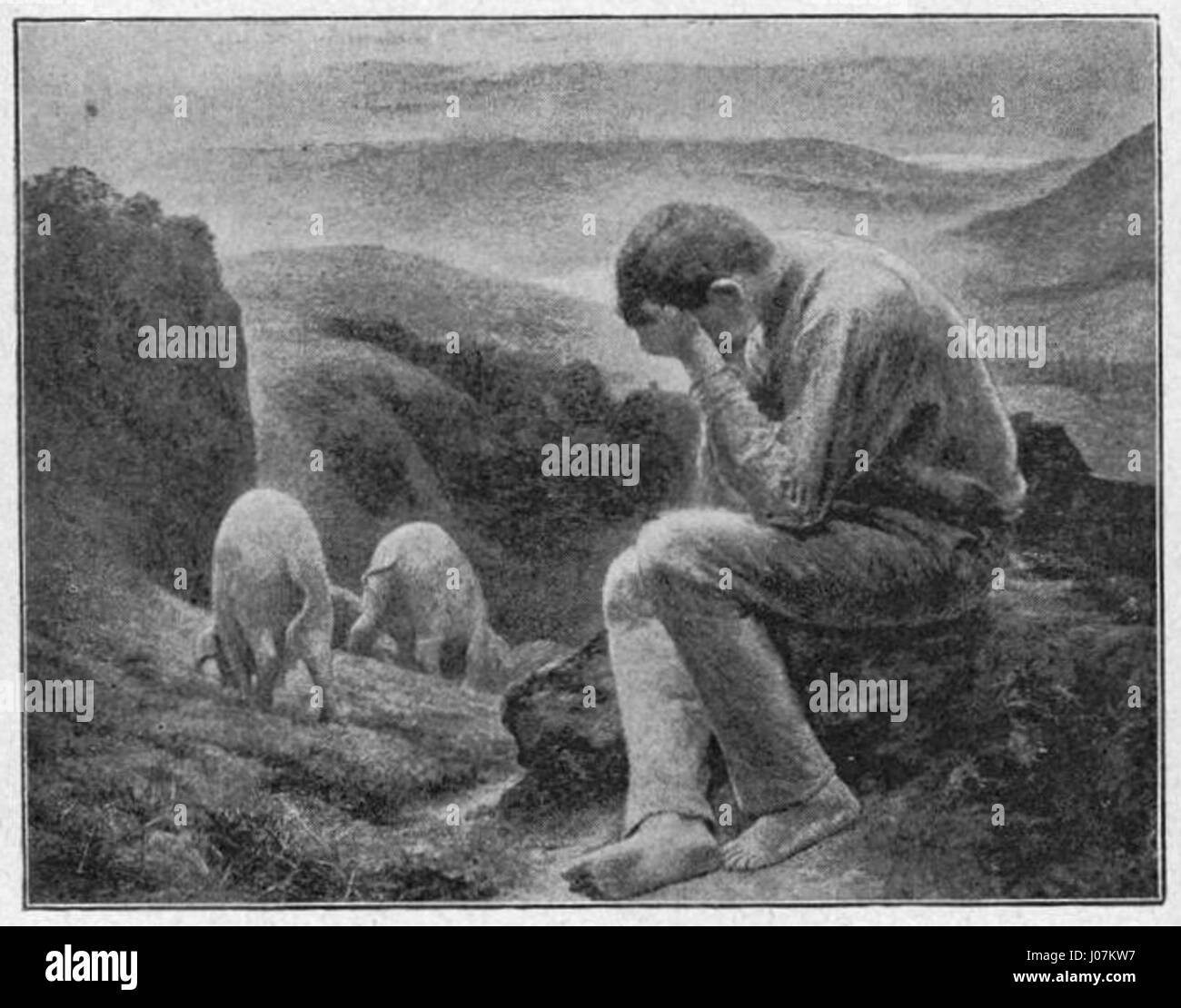 Un uomo è seduto su una roccia, circondato da due pecore che pascolano, in un paesaggio collinare sotto un cielo nuvoloso, in un'illustrazione del 1891 del Glaspalast di Monaco di Baviera. Foto Stock
