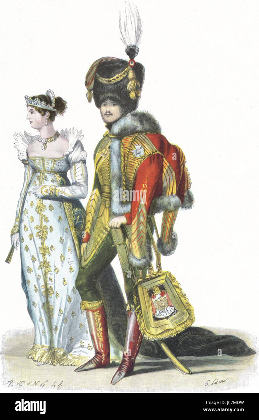"Französisch Hoftracht 1807" rappresenta la moda di corte francese dei primi anni del XIX secolo, illustrando i disegni lussuosi e intricati indossati dalla nobiltà durante il periodo dell'Impero napoleonico. Foto Stock