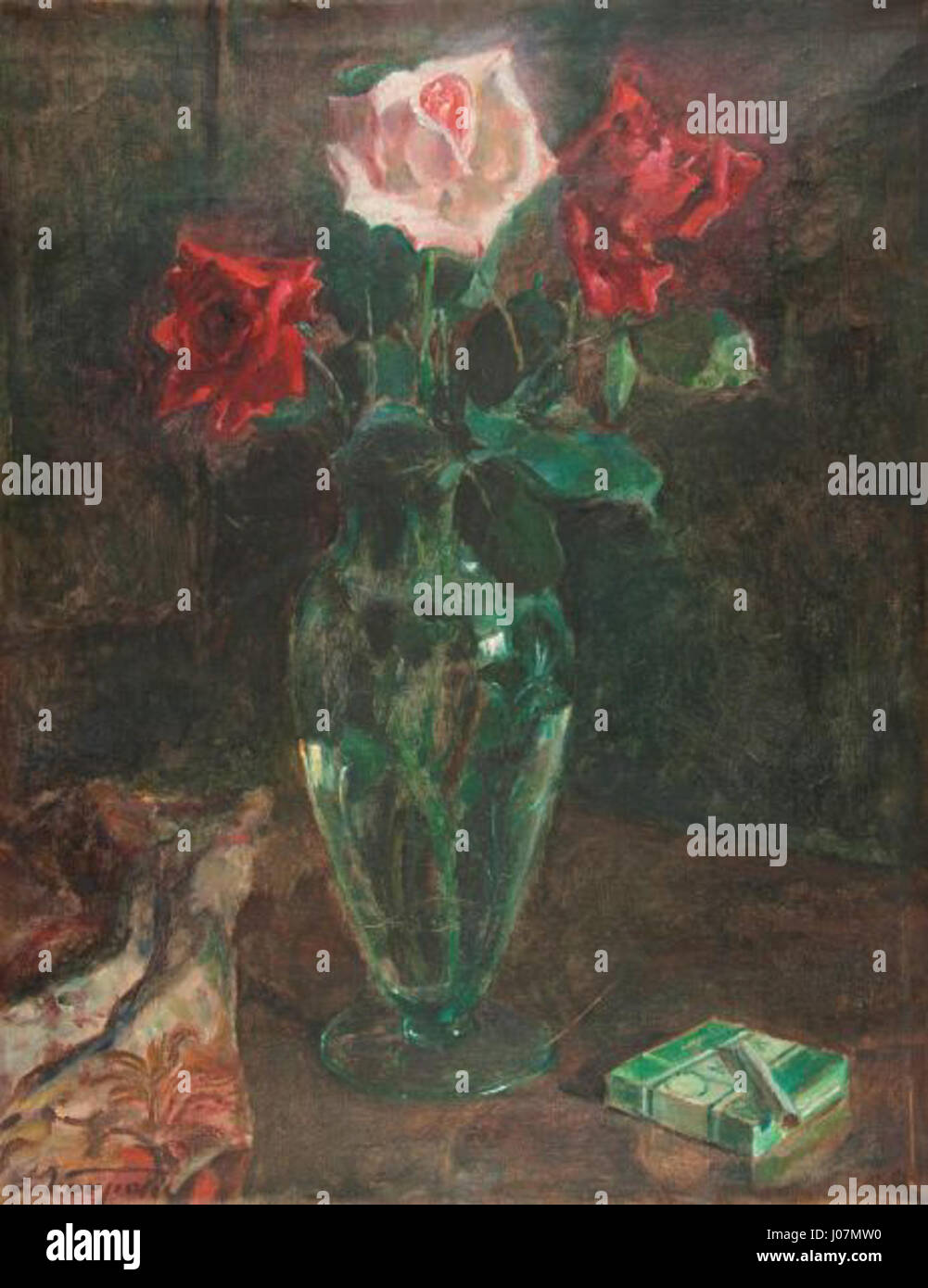 Il dipinto di Ivan Vavpotič "Vrtnice in sigareti" (rose e sigarette) cattura una composizione di natura morta con delicate rose accanto alle sigarette, mescolando bellezza naturale con elementi della vita moderna. Il lavoro mette in mostra la raffinata tecnica e l'attenzione di Vavpotič alla texture e al colore. Foto Stock