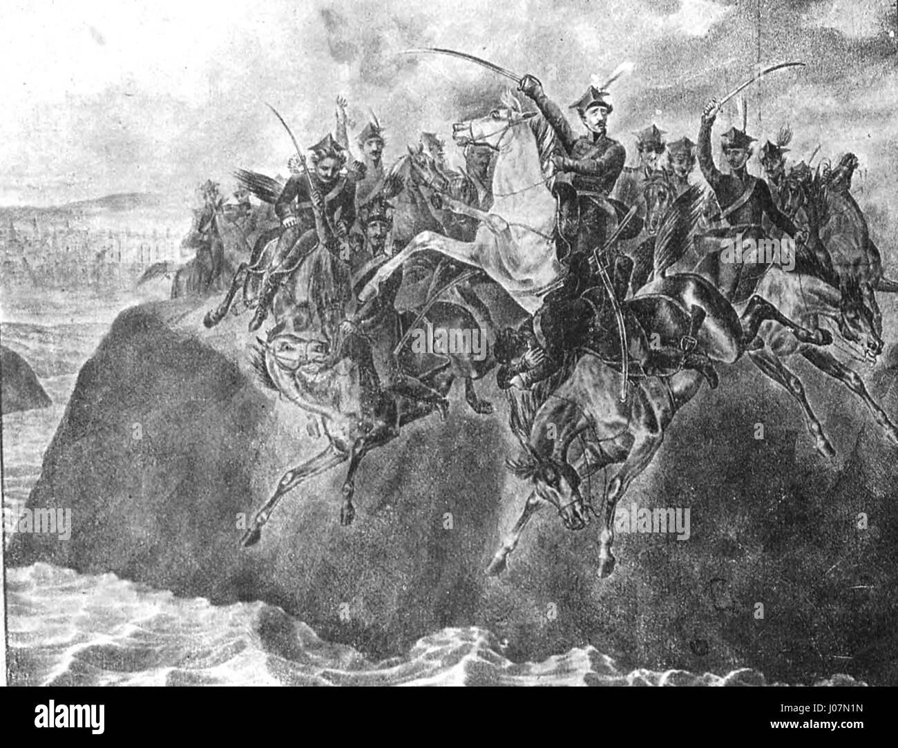 La *morte eroica dell'unità di cavalleria polacca nel fiume Wisla* raffigura la tragica ed eroica ultima resistenza della cavalleria polacca durante l'invasione della Polonia nel 1939. Le opere d'arte catturano il loro coraggio combattendo nella regione del fiume Wisla, un momento iconico nella storia polacca durante la seconda guerra mondiale Foto Stock