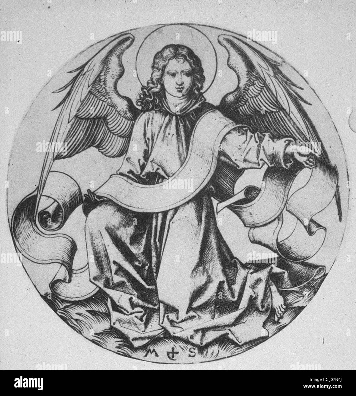 Der Engel des Matthäus di Martin Schongauer (l'Angelo di Matteo) illustra la scena biblica dell'angelo che appare all'apostolo Matteo. L'incisione di Schongauer esemplifica la sua tecnica dettagliata e la padronanza della consistenza, comune nelle sue opere religiose del XV secolo. Foto Stock