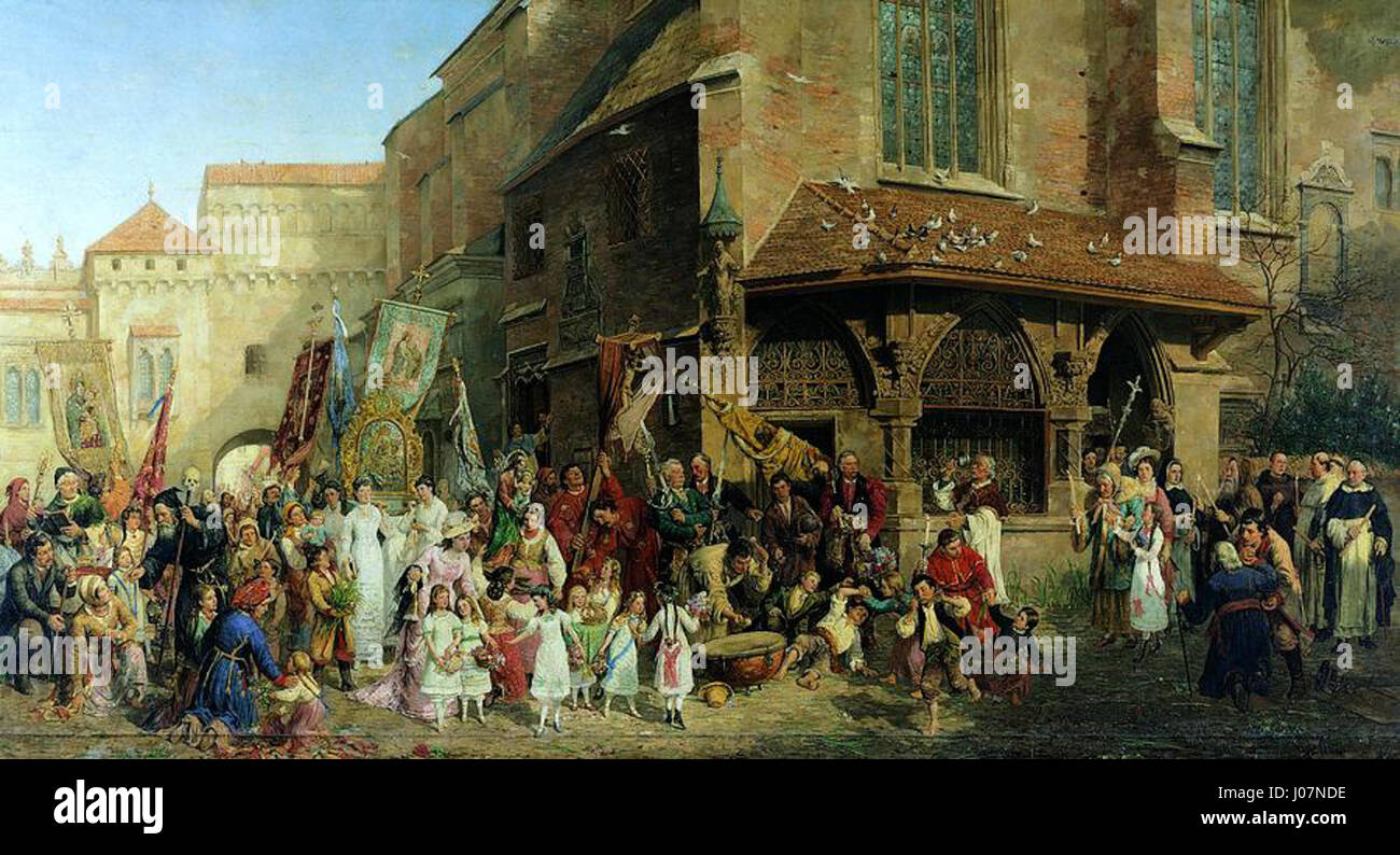 "Procesja Bożego Ciała" (Corpus Christi Procession) di Hipolit Lipinski, dipinto nel 1881, cattura una processione religiosa dai colori vivaci. La scena riflette la tradizione polacca e le usanze religiose, mostrando i partecipanti in abiti cerimoniali. Foto Stock