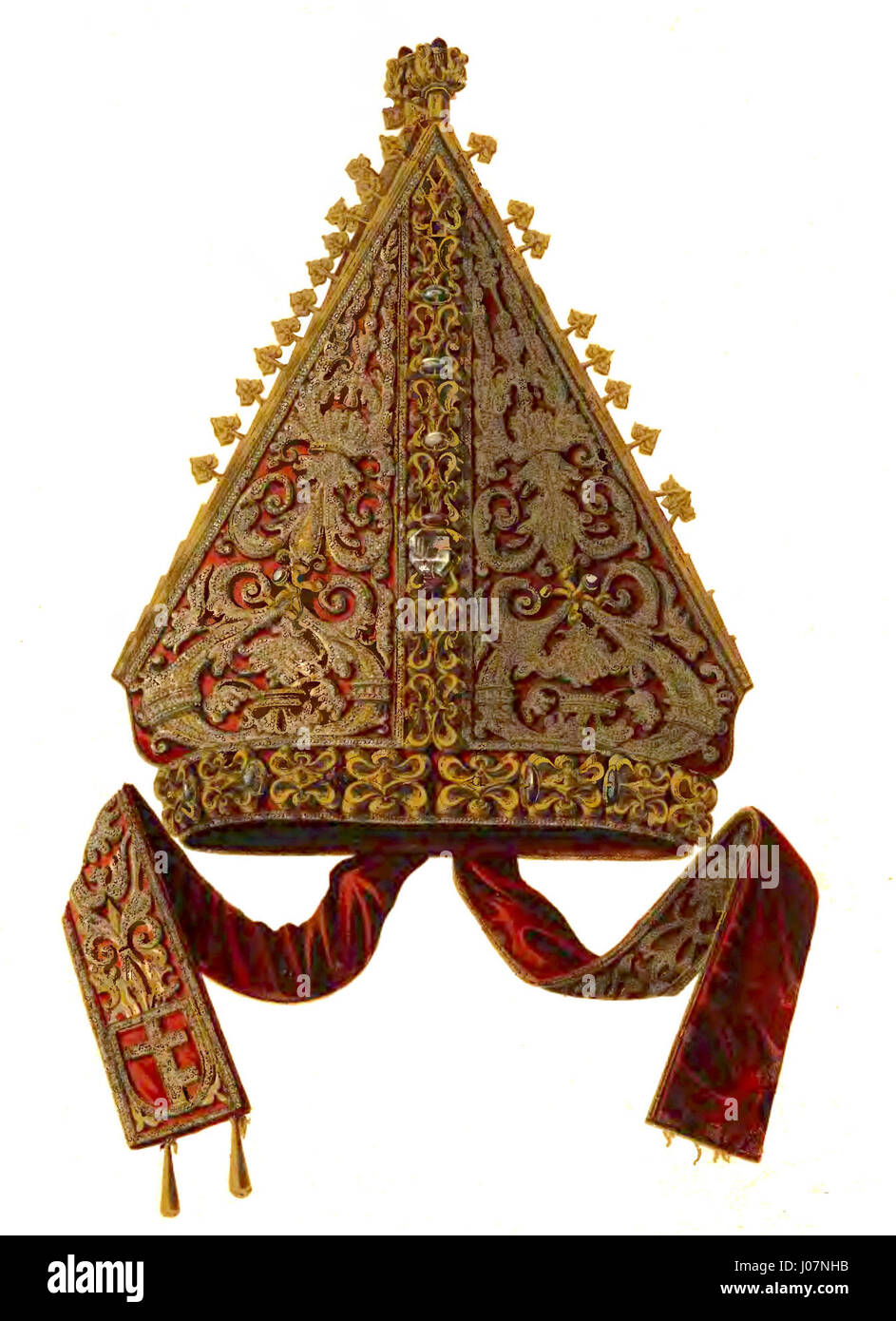 L'infula, un copricapo cerimoniale, indossato da Tomasz Strzepinski, vescovo di Kraków, riflette la cultura religiosa ed ecclesiastica della Chiesa cattolica polacca. Il disegno simboleggia l'autorità e la devozione, tipiche dei vescovi del XVI secolo. Foto Stock