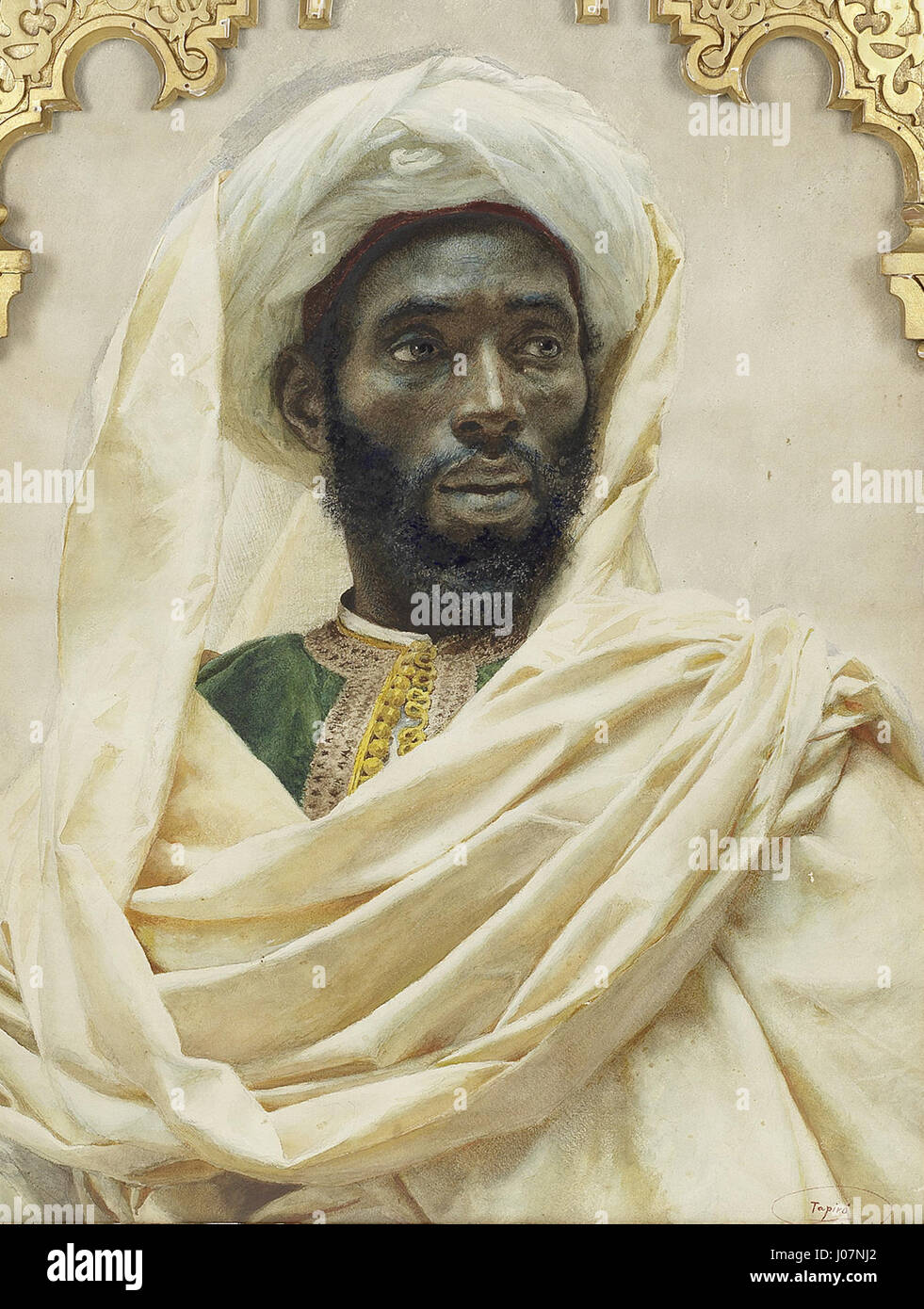 Il "Ritratto di un uomo marocchino" di José Tapiro y Baró cattura i dettagli intricati dell'abbigliamento e della cultura marocchina. Questo ritratto, dipinto nel XIX secolo, riflette l'interesse dell'artista a rappresentare culture diverse con autenticità e rispetto. Foto Stock