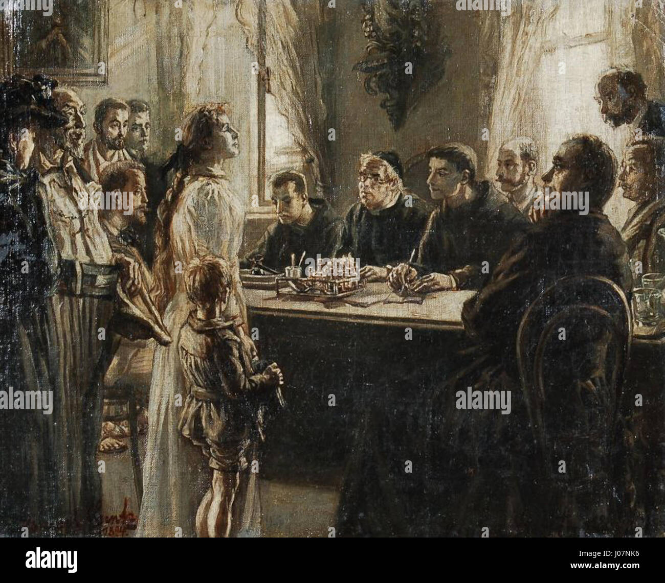 "Anhörung" di Ismael Gentz cattura un momento potente di interrogatorio o udito. Il dipinto sottolinea la tensione psicologica e l'intensità emotiva tra il soggetto e la figura autoritaria, mostrando l'attenzione di Gentz sull'interazione umana. Foto Stock