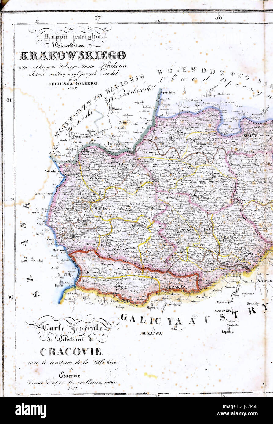 La mappa del voivodato di Kraków del 1827 offre una visione dettagliata della geografia e della struttura politica della regione durante l'inizio del XIX secolo. Illustra le città, le strade e i confini principali dello storico Regno polacco. Foto Stock