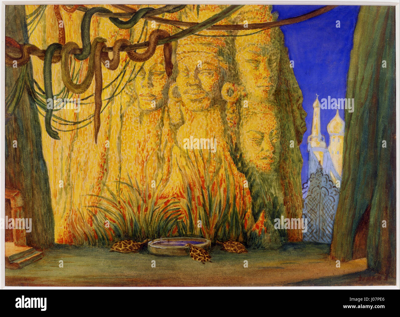 Lo studio preliminare di Leon Bakst per "le Dieu bleu" (il Dio blu) illustra il suo costume e i disegni del balletto, mostrando il suo uso distintivo di colori vivaci e la messa in scena drammatica che caratterizzò i suoi contributi ai Ballets Russes. Foto Stock