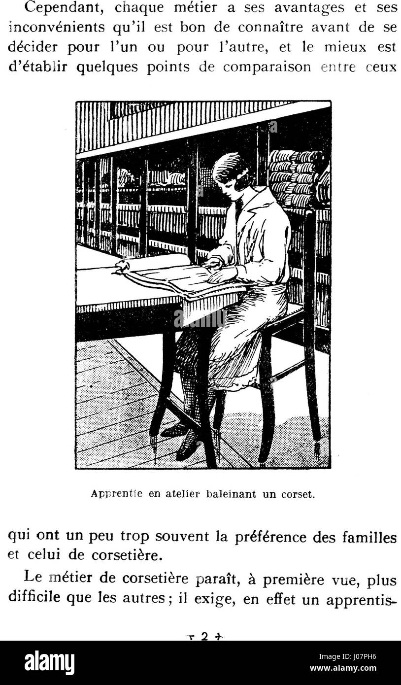"Le Métier de Corsetière" è un'illustrazione che esplora il lavoro di un produttore di corsetti, mostrando l'artigianato e concentrandosi sulla moda femminile all'inizio del XX secolo. Foto Stock
