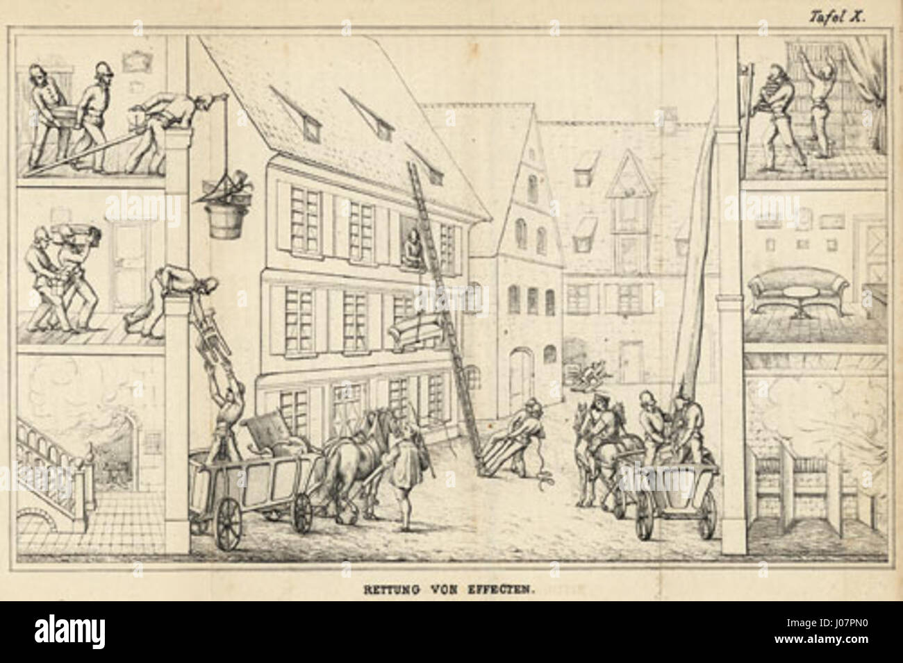 Il «Magirus Feuer-Lösche-Wesen 1850 Rettung von Effecten» è un’illustrazione della metà del XIX secolo che raffigura l’uso di attrezzature antincendio, che illustra l’evoluzione della tecnologia antincendio in Germania. L'opera illustra il salvataggio di merci durante un incendio, evidenziando l'importanza della sicurezza antincendio. Foto Stock