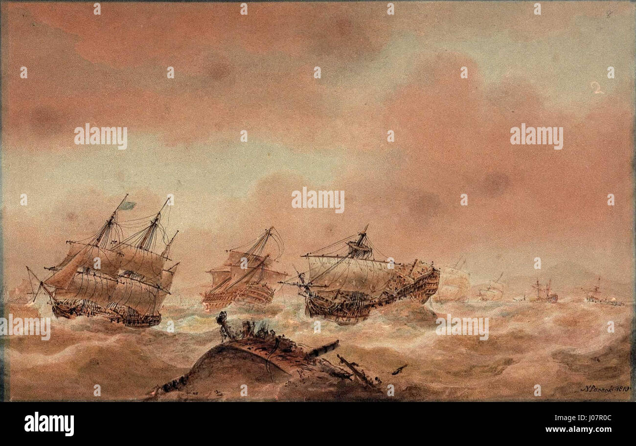 Il dipinto di Nicholas Pocock del 1810 raffigura le conseguenze della battaglia di Trafalgar, mostrando la "Vittoria" che tenta di liberare la terra con il "sovrano reale" al seguito dell'"Eurialo". Foto Stock