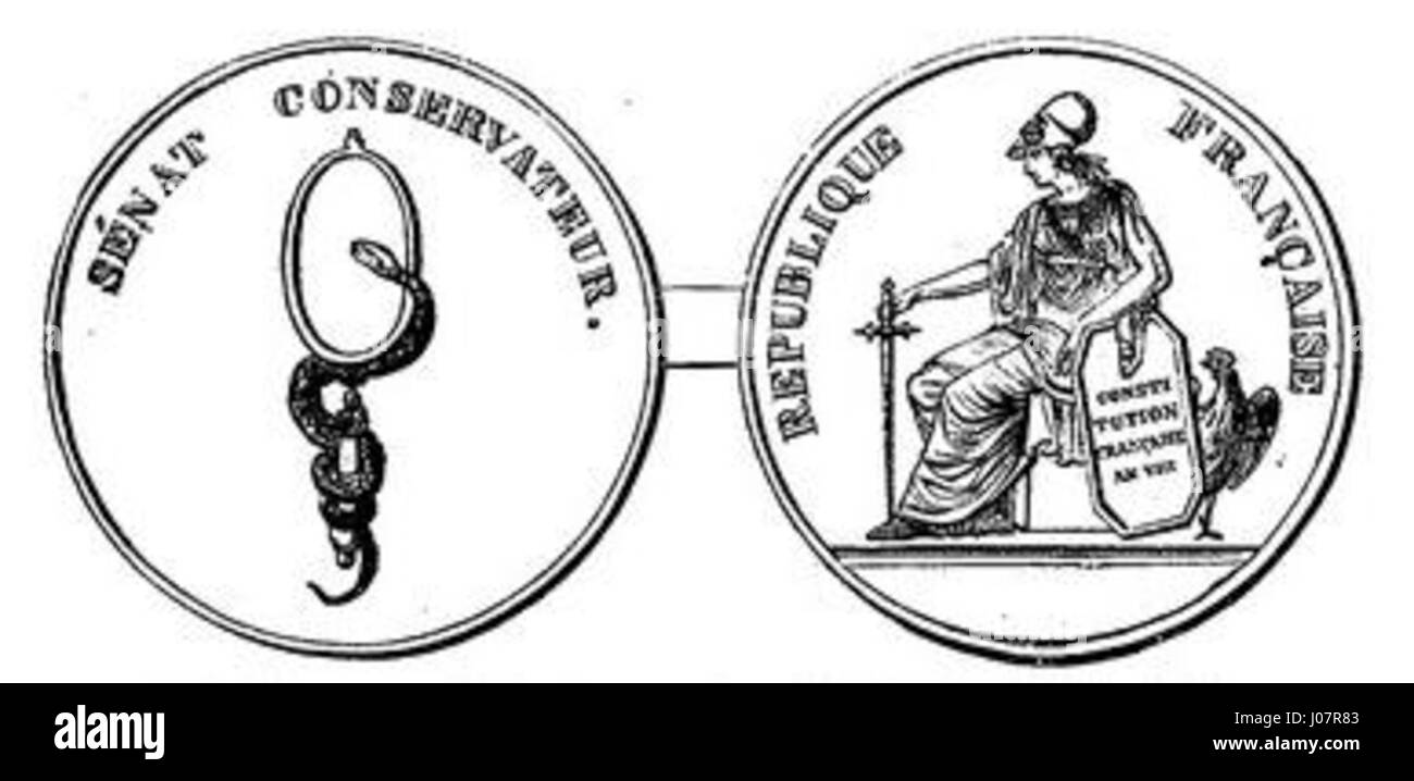 Questa medaglia, creata durante il periodo della Rivoluzione francese, è una rappresentazione della Costituzione dell'anno VIII. È stata assegnata come segno di riconoscimento dal Senato francese. Foto Stock
