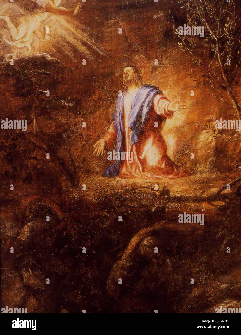 "Oración en el Huerto" di Tiziano, dipinto nel 1563, raffigura Cristo che prega nel Giardino del Getsemani. Questo dettaglio del pezzo si concentra sulla profondità emotiva della preghiera di Cristo prima della sua crocifissione, momento chiave della teologia cristiana. Foto Stock