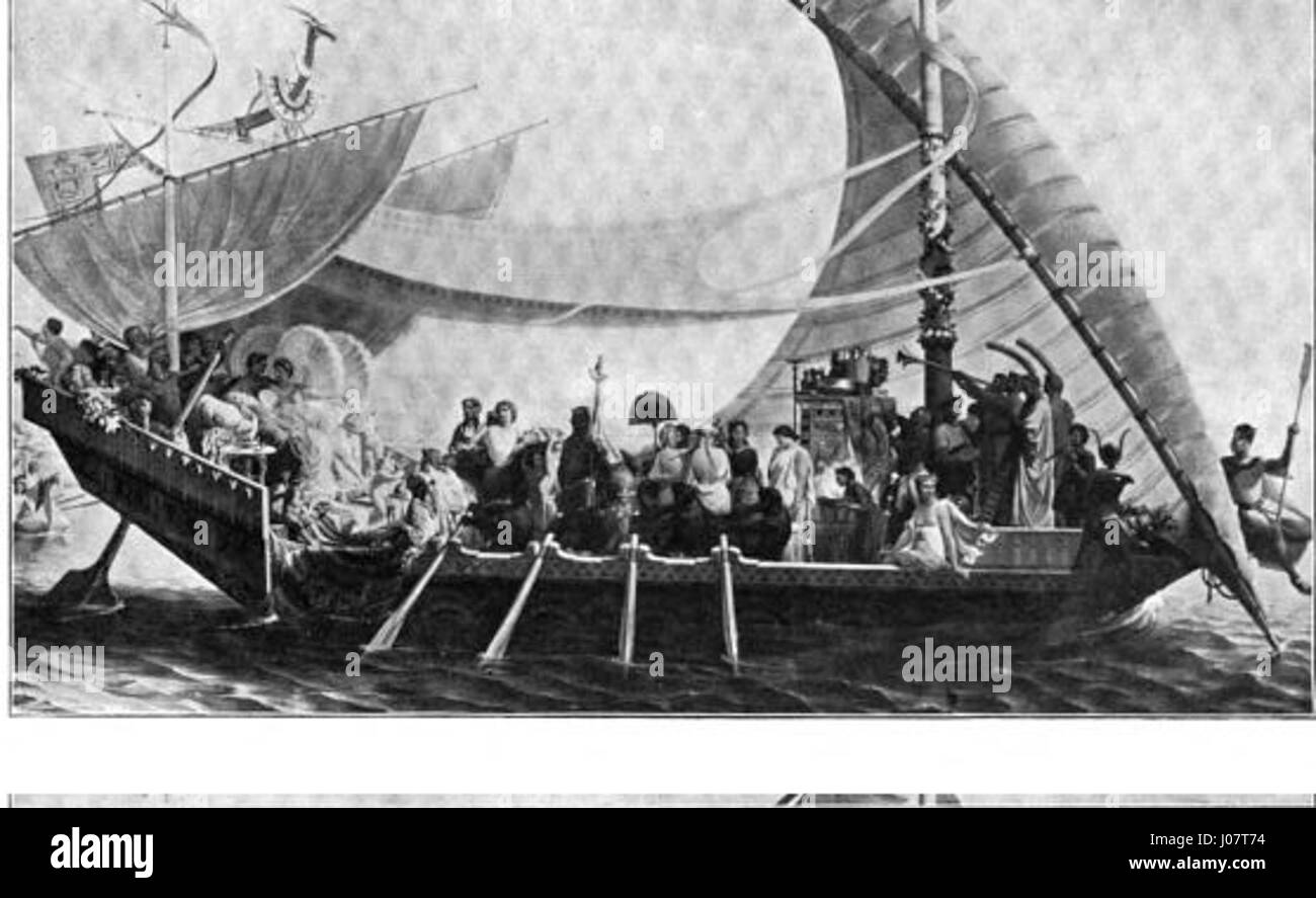 Il dipinto di Henri Pierre Picou "Cléopâtre et Antoine sur le Cydnus" del 1848 raffigura la scena drammatica di Cleopatra e Marco Antonio sul fiume Cydnus. Le opere d'arte catturano la grandezza della storia antica, utilizzando temi classici per trasmettere l'opulenza e il romanticismo del periodo. Foto Stock