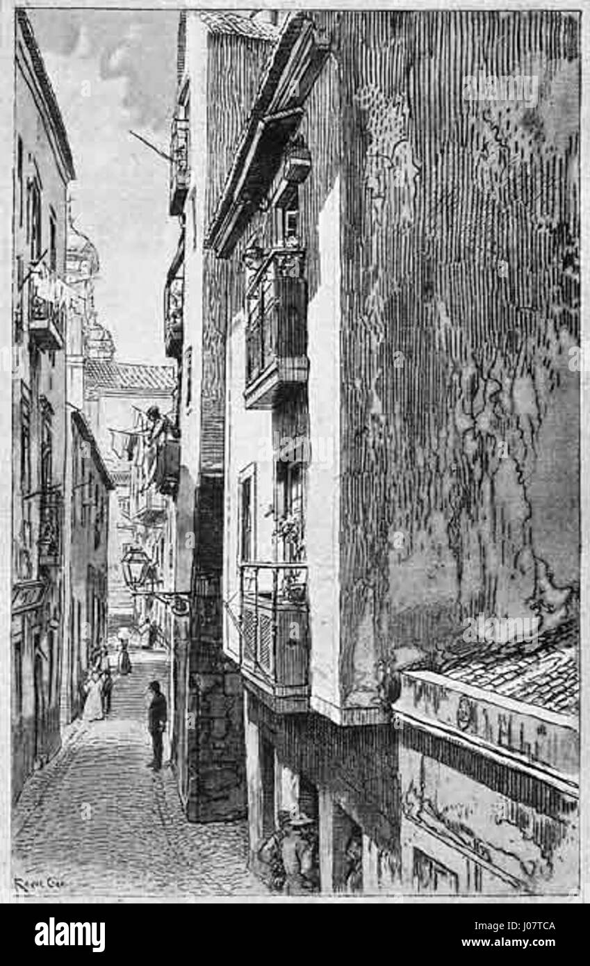 Il dipinto di Roque Gameiro «Rua de S. Miguel (Alfama)» cattura una scena tradizionale di strada nel quartiere storico di Alfama a Lisbona. L'opera riflette il fascino e la bellezza architettonica del quartiere vecchio di Lisbona. Foto Stock