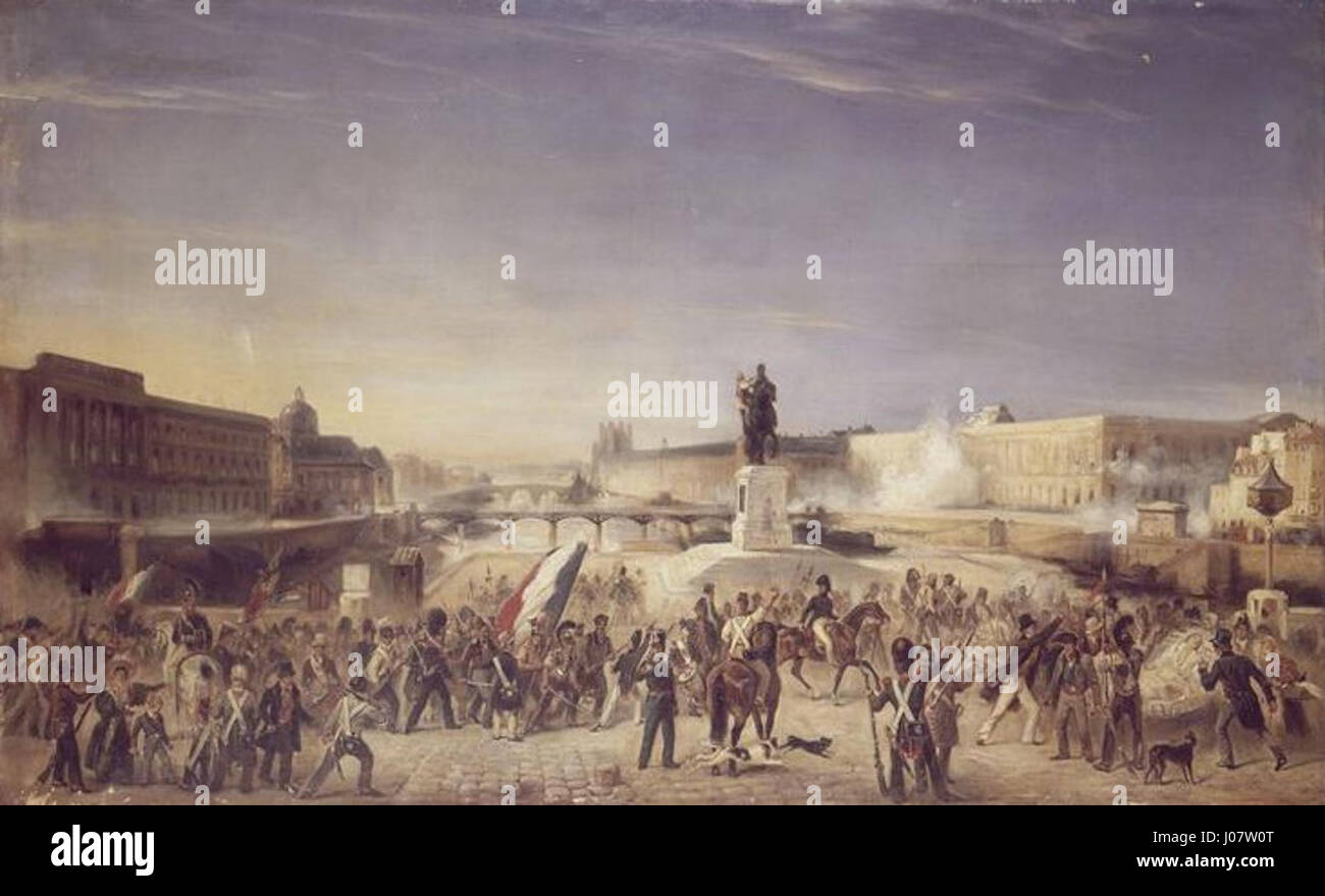 Questo dipinto raffigura il momento drammatico durante la Rivoluzione di luglio del 1830, quando i rivoluzionari attaccarono il Louvre a Parigi. Il dipinto cattura l'intenso sconvolgimento politico e la lotta per la libertà durante questo periodo cruciale della storia francese. Foto Stock